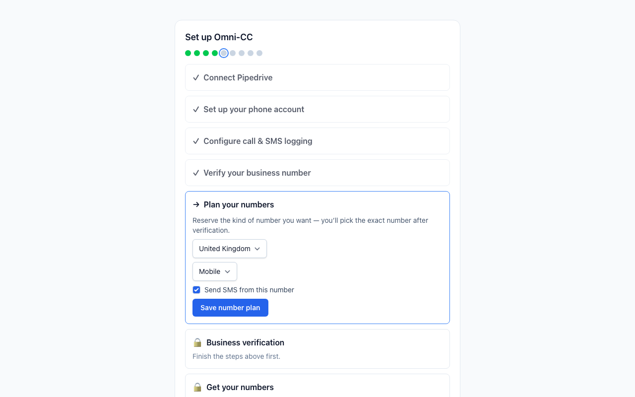 [real screenshot, dev build] Reserving a number plan — country, type, and whether it should carry SMS.
